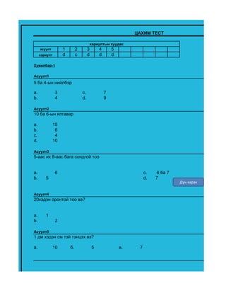 ЦАХИМ ТЕСТ

                                          хариултын хуудас
     асуулт         1        2        3       4       5
     хариулт        d        c        d       d       d

Хувилбар-1

Асуулт1
5 ба 4-ын нийлбэр

a.              3                c.               7
b.              4                d.               9

Асуулт2
10 ба 6-ын ялгавар

a.             15
b.              6
c.              4
d.             10

Асуулт3
5-аас их 8-аас бага сондгой тоо


a.              6                                                   c.   6 ба 7
b.      5                                                           d.   7
                                                                                  Дүн харах

Асуулт4
20хэдэн оронтой тоо вэ?


a.      1
b.              2

Асуулт5
1 дм хэдэн см тэй тэнцэх вэ?

а.             10       б.                5               в.    7
 