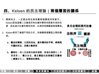 平等的核心意義並非法律之前人人平等，對Kelsen來說，平等理念的最初意義就是簡單的「沒有人比其他人更高人一等」。