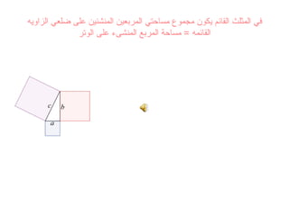 في المثلث القائم يكون مجموع مساحتي المربعين المنشئين على ضلعي الزاويه القائمه  =  مساحة المربع المنشىء على الوتر 