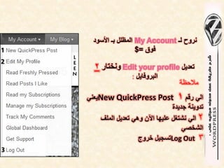‫نروح لـ ‪ My Account‬المظلل بـ األسود‬
                  ‫فوق =$‬

  ‫تعدٌل ‪ Edit your profile‬ونختار 2‬
               ‫البروفاٌل :‬
                                 ‫مالحظة‬
‫الً رقم 1 ‪ٌNew QuickPress Post‬عنً‬
                       ‫تدوٌنة جدٌدة‬
    ‫2 الً نشتغل علٌها اآلن وهً تعدٌل الملف‬
                                  ‫الشخصً‬
                  ‫3 ‪Log Out‬تسجٌل خروج‬
 
