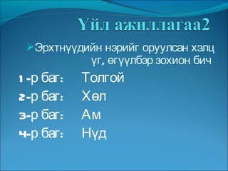 Эрхтнүүдийн нэрийг оруулсан хэлц үг, өгүүлбэр зохион бич  1-р баг:  Толгой 2-р баг:  Хөл 3-р баг:  Ам  4-р баг:  Нүд  