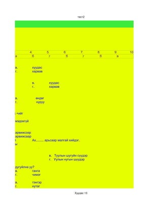 тест2




                      4                5            6           7       8       9       10
           а              б                г            б           г       б       в


           в.             хуудас
           г.             харвав


                          в.               хуудас
                          г.               харвав


           в.                  өндөг
           г.                  нуруу

 . орох +ыг
Г . хэрэглэх +ийг

           мэдэхгүй


           арвижсээр
           арвижсаар
 рыг дугуйл          Ах......... арьсаар малгай хийдэг.
 . тарбаганы


                                           в. Туулын шугуйн сүүдэр
                                           г. Уулын нугын шүүдэр

 г болохыг дугуйлна уу?
           в.         ганга
           г.         чимэг

           в.             тэнгэр
           г.             нутаг

                                                            Хуудас 13
 