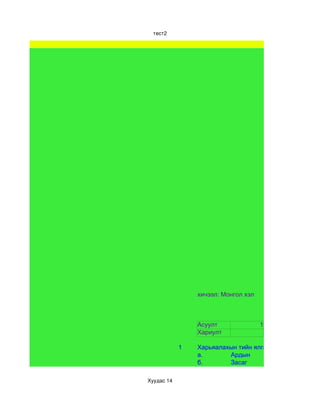 тест2




                хичээл: Монгол хэл



                Асуулт               1
                Хариулт

            1   Харьяалахын тийн ялгалтай үгийг сонго
                а.       Ардын
                б.       Засаг

Хуудас 14
 