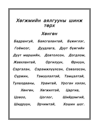 Хөгжмийн аялгууны шинж
          төрх
                 Хөнгөн
Бадрангуй,     Баясгалантай,    Бүжиглэг,

Гоёмсог,       Дуудлага,    Дуут бүжгийн

Дуут маршийн,     Довтолсон,     Догдлом,

Жавхлантай,        Оргилуун,      Өрнүүн,

Сэргэлэн,     Сэрэмжлүүлсэн, Сэвэлзсэн,

Сүржин,       Тэмүүлэлтэй,     Тэмцэлтэй,

Тулалдааны,      Урамтай,    Урсган хэлэх,

    Хөнгөн,     Хөгжилтэй,      Царгиа,

Цовоо,          Цоглог,      Шийдэмгий,

Шидрүүн,       Эрчимтэй,       Хошин шог.
 