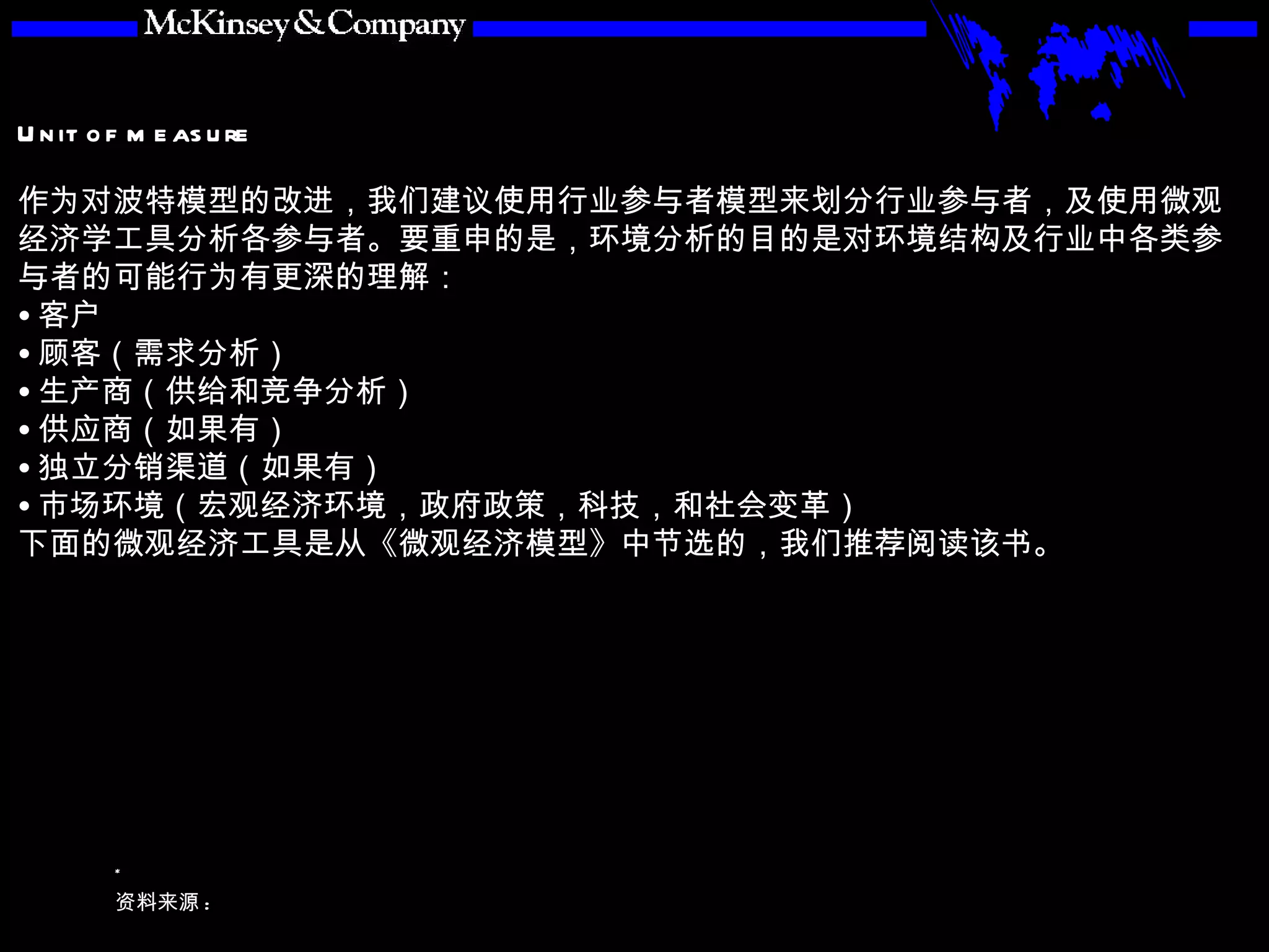 作为对波特模型的改进，我们建议使用行业参与者模型来划分行业参与者，及使用微观经济学工具分析各参与者。要重申的是，环境分析的目的是对环境结构及行业中各类参与者的可能行为有更深的理解： 客户 顾客（需求分析） 生产商（供给和竞争分析） 供应商（如果有） 独立分销渠道（如果有） 市场环境（宏观经济环境，政府政策，科技，和社会变革） 下面的微观经济工具是从《微观经济模型》中节选的，我们推荐阅读该书。 