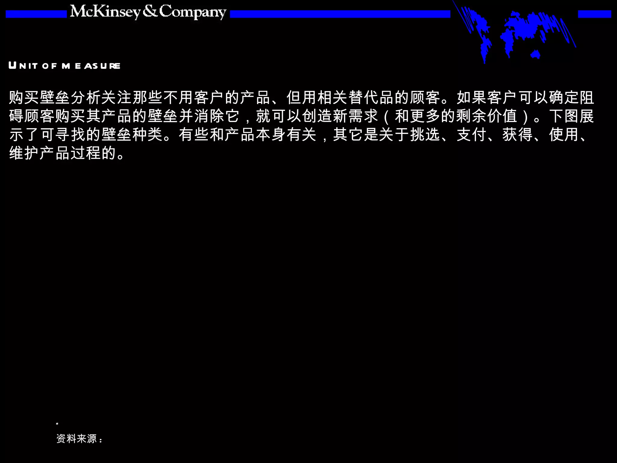 购买壁垒分析关注那些不用客户的产品、但用相关替代品的顾客。如果客户可以确定阻碍顾客购买其产品的壁垒并消除它，就可以创造新需求（和更多的剩余价值）。下图展示了可寻找的壁垒种类。有些和产品本身有关，其它是关于挑选、支付、获得、使用、维护产品过程的。 