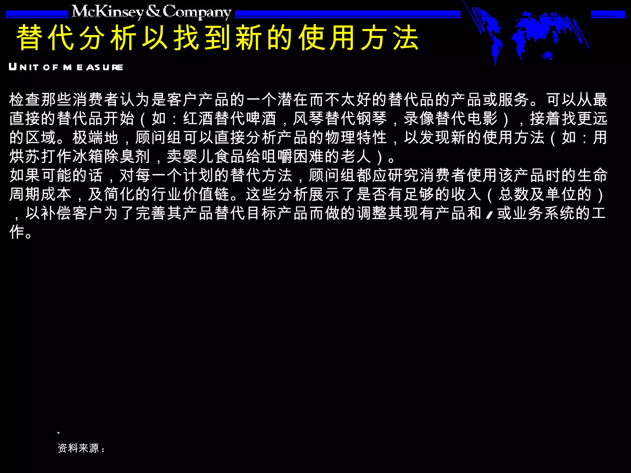 替代分析以找到新的使用方法 检查那些消费者认为是客户产品的一个潜在而不太好的替代品的产品或服务。可以从最直接的替代品开始（如：红酒替代啤酒，风琴替代钢琴，录像替代电影），接着找更远的区域。极端地，顾问组可以直接分析产品的物理特性，以发现新的使用方法（如：用烘苏打作冰箱除臭剂，卖婴儿食品给咀嚼困难的老人）。 如果可能的话，对每一个计划的替代方法，顾问组都应研究消费者使用该产品时的生命周期成本，及简化的行业价值链。这些分析展示了是否有足够的收入（总数及单位的），以补偿客户为了完善其产品替代目标产品而做的调整其现有产品和 / 或业务系统的工作。 