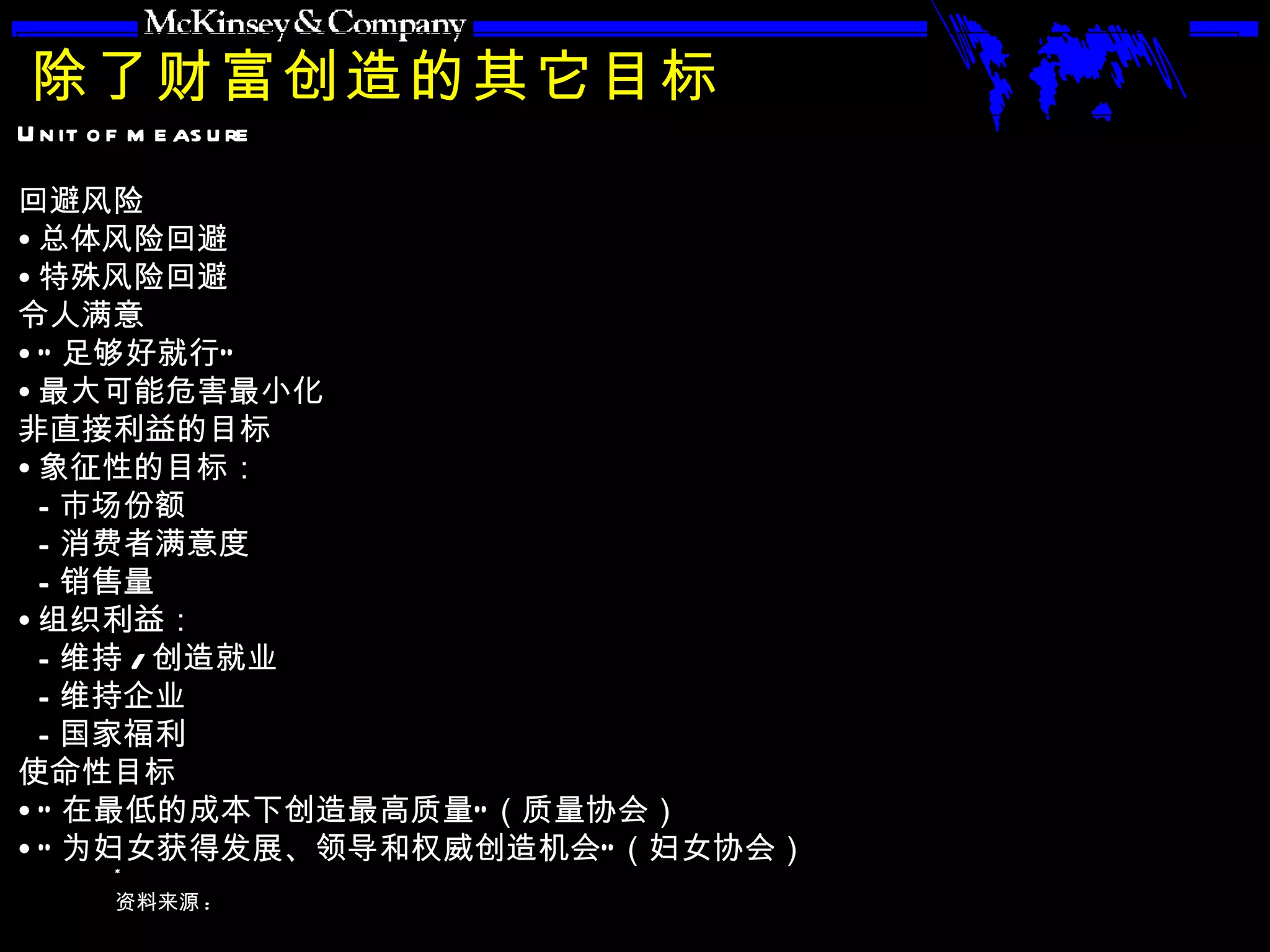 除了财富创造的其它目标 回避风险 总体风险回避 特殊风险回避 令人满意 “ 足够好就行” 最大可能危害最小化 非直接利益的目标 象征性的目标： 市场份额 消费者满意度 销售量 组织利益： 维持 / 创造就业 维持企业 国家福利 使命性目标 “ 在最低的成本下创造最高质量”（质量协会） “ 为妇女获得发展、领导和权威创造机会”（妇女协会） 