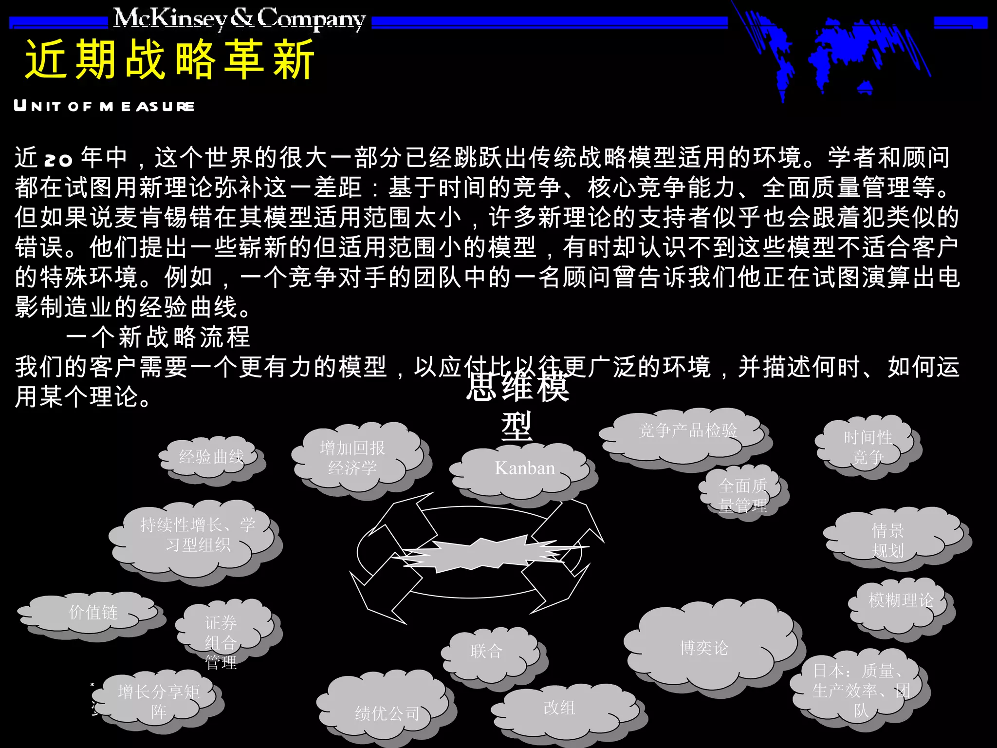 近期战略革新 近 20 年中，这个世界的很大一部分已经跳跃出传统战略模型适用的环境。学者和顾问都在试图用新理论弥补这一差距：基于时间的竞争、核心竞争能力、全面质量管理等。但如果说麦肯锡错在其模型适用范围太小，许多新理论的支持者似乎也会跟着犯类似的错误。他们提出一些崭新的但适用范围小的模型，有时却认识不到这些模型不适合客户的特殊环境。例如，一个竞争对手的团队中的一名顾问曾告诉我们他正在试图演算出电影制造业的经验曲线。 　　 一个新战略流程 我们的客户需要一个更有力的模型，以应付比以往更广泛的环境，并描述何时、如何运用某个理论。 思维模型 增加回报经济学 竞争产品检验 证券组合管理 增长分享矩阵 Kanban 价值链 持续性增长、学习型组织 经验曲线 绩优公司 联合 改组 日本：质量、生产效率、团队 博奕论 模糊理论 情景 规划 全面质量管理 时间性 竞争 