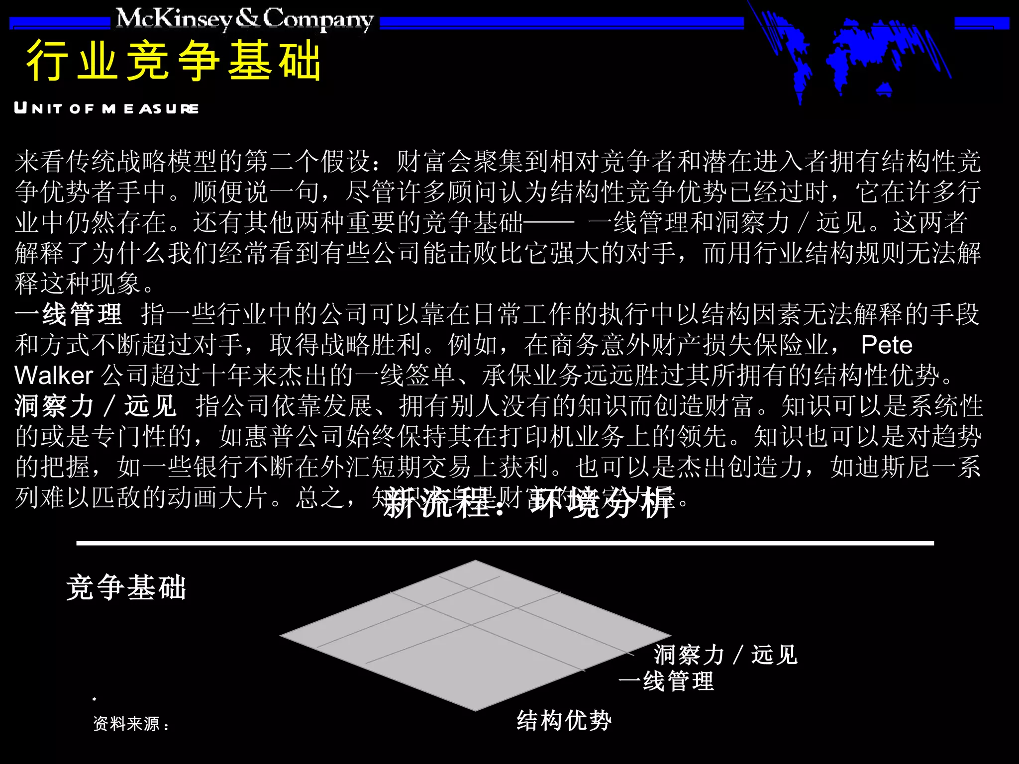 行业竞争基础 来看传统战略模型的第二个假设：财富会聚集到相对竞争者和潜在进入者拥有结构性竞争优势者手中。顺便说一句，尽管许多顾问认为结构性竞争优势已经过时，它在许多行业中仍然存在。还有其他两种重要的竞争基础—— 一线管理和洞察力 / 远见。这两者解释了为什么我们经常看到有些公司能击败比它强大的对手，而用行业结构规则无法解释这种现象。 一线管理  指一些行业中的公司可以靠在日常工作的执行中以结构因素无法解释的手段和方式不断超过对手，取得战略胜利。例如，在商务意外财产损失保险业， Pete Walker 公司超过十年来杰出的一线签单、承保业务远远胜过其所拥有的结构性优势。 洞察力 / 远见  指公司依靠发展、拥有别人没有的知识而创造财富。知识可以是系统性的或是专门性的，如惠普公司始终保持其在打印机业务上的领先。知识也可以是对趋势的把握，如一些银行不断在外汇短期交易上获利。也可以是杰出创造力，如迪斯尼一系列难以匹敌的动画大片。总之，知识本身是财富的决定力量。 一线管理 洞察力 / 远见 结构优势 新流程：环境分析 竞争基础 