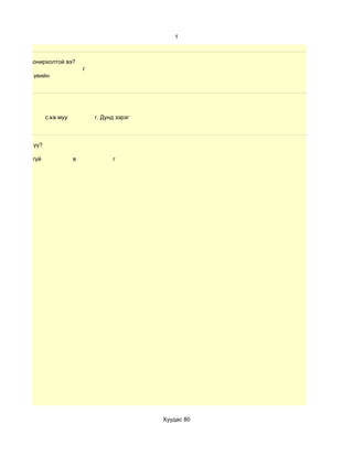 1



    хичээллэх сонирхолтой вэ?
                                    г
н     в. Орчин үеийн



иний ойлголт

b.тааруухан          c.муу
                        в муу           d.дунд зэрэг
                                           г. Дунд зэрэг



лохыг хүсдэг үү?

           b. Үгүй              в                 г




                                                           Хуудас 80
 
