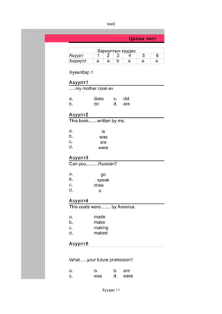 test3



                                 Цахим тест

              Хариултын хуудас
Асуулт        1   2   3    4          5   6
Хариулт       a   a   b    a          a   a

Хувилбар 1

Асуулт1
.....my mother cook everyevening.

a.           does       c.     did
b.           do         d.     are

Асуулт2
This book.......written by me.

a.               is
b.             was
c.              are
d.             were

Асуулт3
Can you..........Russian?

a.               go
b.             speak
c.           draw
d.              o

Асуулт4
This coats were........ by America.

a.           made
b.           make
c.           making
d.           maked

Асуулт5


What......your future profession?

a.           is         b.     are
c.           was        d.     were


                   Хуудас 11
 