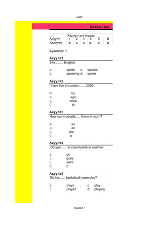 test2


                                 Цахим тест

              Хариултын хуудас
Асуулт         1   2  3    4             5     6
Хариулт        b   c   c   a             c     a

Хувилбар 1

Асуулт1
She......... English.

a.           speak    c.        speaks
b.           speaking d.        spoke

Асуулт2
I have live in London........2000.

a.               for
b.               ago
c.              since
d.                in

Асуулт3
How many people...... there in room?

a.              an
b.              an
c.             are
d.             o

Асуулт4
Do you ...... to countryside in summer?

a.           go
b.           goes
c.           went
d.           o

Асуулт5
Did he....... basketball yesterday?

a.           plays         .    c.   play
b.           played             d.   playing




                    Хуудас 7
 