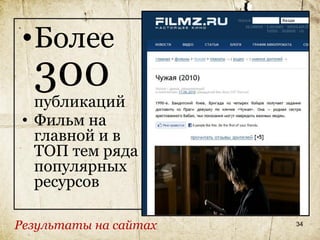 •Более
  300
   публикаций
 • Фильм на
   главной и в
   ТОП тем ряда
   популярных
   ресурсов

Результаты на сайтах   34
 