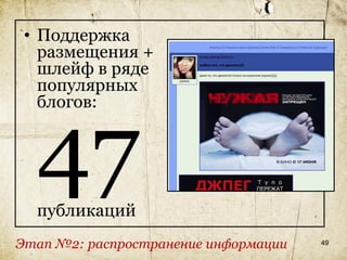 • Поддержка
   размещения +
   шлейф в ряде
   популярных
   блогов:



  47
  публикаций
Этап №2: распространение информации   49
 
