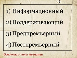 1) Информационный
 2) Поддерживающий
 3) Предпремьерный
 4) Постпремьерный
Основные этапы кампании   5
 