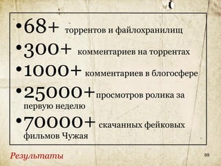 •68+ торрентов и файлохранилищ
•300+ комментариев на торрентах
•1000+ комментариев в блогосфере
•25000+просмотров ролика за
 первую неделю

•70000+ скачанных фейковых
  фильмов Чужая

Результаты                         69
 