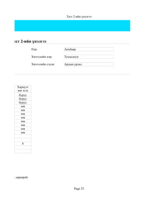 Тест 2-ийн үнэлгээ




Цахим тест 2-ийн үнэлгээ
                      Нэр:               Анхбаяр

                      Хичээлийн нэр:     Технологи

                      Хичээлийн сэдэв:   Ардын урлал




           Хариулт
           зөв эсэх
            буруу
            буруу
            буруу
             зөв
             зөв
             зөв
             зөв
             зөв
             зөв
             зөв
             зөв


              8




ад CTRL+S дараарай.


                                               Page 25
 
