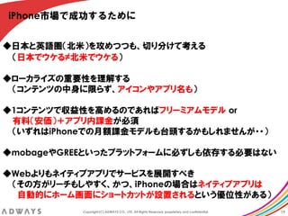 iPhone市場で成功するために


◆日本と英語圏（北米）を攻めつつも、切り分けて考える
 （日本でウケる≠北米でウケる）

◆ローカライズの重要性を理解する
 （コンテンツの中身に限らず、アイコンやアプリ名も）

◆1コンテンツで収益性を高めるのであればフリーミアムモデル or
 有料（安価）＋アプリ内課金が必須
 （いずれはiPhoneでの月額課金モデルも台頭するかもしれませんが・・）

◆mobageやGREEといったプラットフォームに必ずしも依存する必要はない

◆Webよりもネイティブアプリでサービスを展開すべき
 （その方がリーチもしやすく、かつ、iPhoneの場合はネイティブアプリは
  自動的にホーム画面にショートカットが設置されるという優位性がある）
           Copyright (C) ADWAYS CO., LTD. All Rights Reserved, proprietary and confidential.   19
 