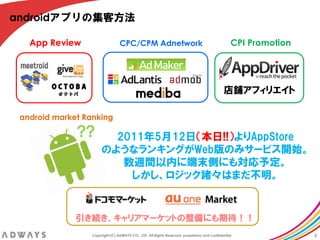 androidアプリの集客方法

   App Review                    CPC/CPM Adnetwork                                                CPI Promotion




                                                                                              店舗アフィリエイト

 android market Ranking

              ??         2011年5月12日（本日!!）よりAppStore
                       のようなランキングがWeb版のみサービス開始。
                          数週間以内に端末側にも対応予定。
                           しかし、ロジック諸々はまだ丌明。


              引き続き、キャリアマーケットの整備にも期待！！
                  Copyright (C) ADWAYS CO., LTD. All Rights Reserved, proprietary and confidential.               5
 