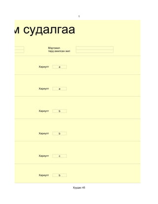 1




хим судалгаа
 15         Мэргэжил
 эм         төрд ажилсан жил




      Хариулт      a




      Хариулт      a




      Хариулт      b




      Хариулт      b




      Хариулт      c




      Хариулт      b



                               Хуудас 45
 