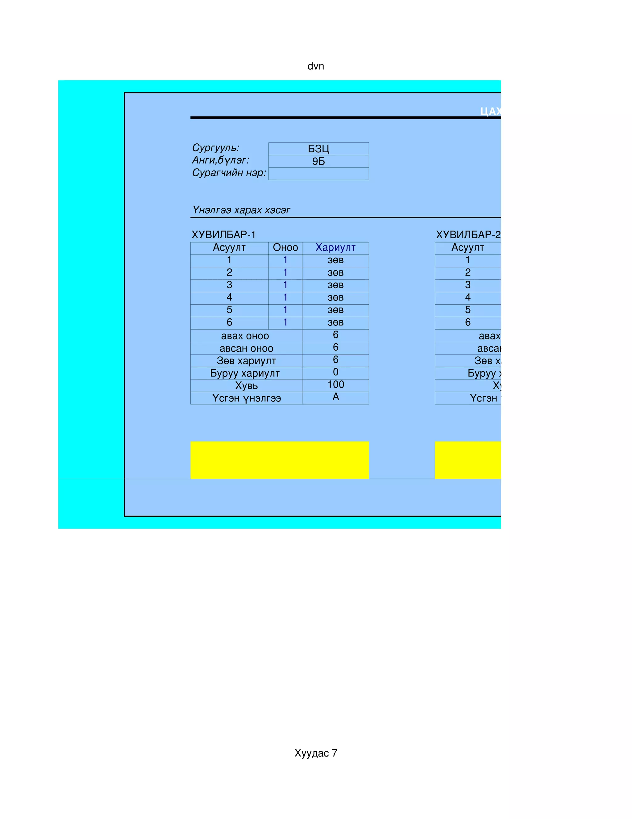 dvn



                                           ЦАХИМ ТЕСТИЙН ҮНЭЛГЭЭ


Сургууль:               БЗЦ
Анги,бүлэг:              9Б
Сурагчийн нэр:


Үнэлгээ харах хэсэг

ХУВИЛБАР­1                         ХУВИЛБАР­2
   Асуулт       Оноо     Хариулт     Асуулт
      1          1         зөв         1
      2          1         зөв         2
      3          1         зөв         3
      4          1         зөв         4
      5          1         зөв         5
      6          1         зөв         6
     авах оноо              6             авах оноо 
     авсан оноо             6             авсан оноо
    Зөв хариулт             6            Зөв хариулт
   Буруу хариулт            0           Буруу хариулт 
        Хувь               100               Хувь
   Үсгэн үнэлгээ            A           Үсгэн үнэлгээ




                      Хуудас 7
 