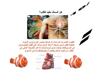 س/19 الإجابة: هل السمك مفيد للقلب؟   أظهرت العديد من الدراسات أن السمك يحتوي على نوع من الزيوت المفيدة للقلب تسمى أوميغا - ٣ وهذا الزيت يساعد على تقليل الكوليسترول في الدم ويختلف تواجده حسب نوع السمك، لذا فإن النصيحة المثلى هي الإكثار من تناول السمك ويفضل أن يكون 2-3 مرات في الأسبوع   