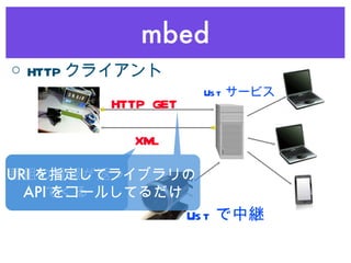 mbed ○ HTTP クライアント HTTP GET XML 番組の情報が返ってくる Ust で中継 Ust サービス URI を指定してライブラリの API をコールしてるだけ 