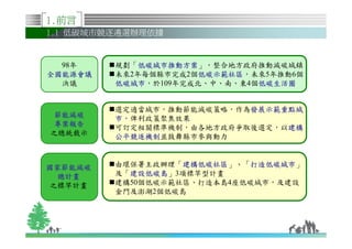 1.前言
    1.1 低碳城市競逐遴選辦理依據


      98年    規劃「低碳城市推動方案
                 低碳城市推動方案」，整合地方政府推動減碳城鎮
                 低碳城市推動方案
    全國能源會議   未來2年每個縣市完成2個低碳示範社區
                         低碳示範社區，未來5年推動6個
                         低碳示範社區
      決議     低碳城市，於109年完成北、中、南、東4個低碳生活圈
             低碳城市                 低碳生活圈


             選定適當城市，推動節能減碳策略，作為發展示範重點城
                               發展示範重點城
     節能減碳    市，俾利政策聚焦效果
     專案報告    可訂定相關標準機制，由各地方政府爭取後選定，以建構
                                    建構
    之總統裁示    公平競逐機制並鼓舞縣市參與動力
             公平競逐機制



    國家節能減碳   由環保署主政辦理「建構低碳社區
                       建構低碳社區」、「打造低碳城市
                       建構低碳社區    打造低碳城市」
                                 打造低碳城市
      總計畫      建設低碳島」3項標竿型計畫
             及「建設低碳島
               建設低碳島
     之標竿計畫   建構50個低碳示範社區、打造本島4座低碳城市，及建設
             金門及澎湖2個低碳島



2
 