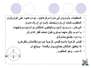 المعطيات : ( أب )  وتر في دائرة مركزها ( م )  ،  ( م د )  عمود على الوتر ( أب ). المطلوب : اثبات أن  ( م د )  ينصف  ( أب )  أي أن  ( أد = دب ). البرهان  :  ارسم  ( م أ ) ، ( م ب )  فيتكون المثلثان  ( م أد ) ، ( م دب )  فيهما : م أ = م ب  ( كل منهما يساوي طول نصف قطر الدائرة ). م د = م د  ( ضلع مشترك ). قياس الزاوية  ( أدم )= قياس الزاوية  ( ب دم ) ( قائمتان بالفرض )  إذا ينطبق المثلثان بضلع ووتر وقائمة ، وينتج أن  أد = دب  .  وهو المطلوب  . م ب أ د 