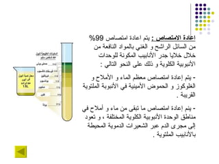 اعادة الامتصاص  :   يتم اعادة امتصاص  99%  من السائل الراشح  و الغني بالمواد النافعة من خلال خلايا جدر الأنابيب المكونة للوحدات الأنبوبية الكلوية و ذلك على النحو التالي  : يتم إعادة امتصاص معظم الماء و الأملاح و الغلوكوز و الحموض الأمينية في الأنبوبة الملتوية القريبة  . ينم إعادة امتصاص ما تبقى من ماء و أملاح في مناطق الوحدة الأنبوبية الكلوية المختلفة ، و تعود إلى مجرى الدم عبر الشعيرات الدموية المحيطة بالأنابيب الملتوية  . 