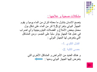 مشكلات صحية و علاجها  : ينصح الانسان بتناول ما معدله لتران من الماء يومياً و يقوم الجهاز البولي بإخراج  1,5  لتر من الماء على شكل بول محمل ببعض الأملاح و الفضلات النيتروجينية وأي اضراب في عمل هذا الجهاز يؤثر سلباً على الجسم ، ومن المشاكل التي يتعرض لها الجهاز البولي  : 1-  الفشل الكلوي . 2-  حصى الكلية . و هناك العديد من الأمراض و المشاكل الأخرى التي يتعرض إليها الجهاز البولي ومنها  :  