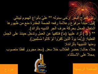 وليلٍ كموجِ البحرِ أرْخى سدوله  **  عليّ بأنواعِ الهمومِ ليبتلي ) ليل :  مبتدأ مرفوع وعلامة رفعه الضمة المقدرة منع من ظهورها اشتغال المحل بحركة حرف الجر الشبيه بالزائد ). ** ( 3 )  تُزاد عليها  ( ما )  فتكفها عن العمل وتدخل حينئذ على الجمل الفعلية : ( رُّبَمَا يَوَدُّ الَّذِينَ كَفَرُواْ لَوْ كَانُواْ مُسْلِمِينَ ). ومنها الشبيهة بالزائدة :  خلا، حاشا :  حضر الطلاب خلا سعدٍ . ( سعد مجرور لفظا منصوب محلا على الاستثناء . خروج الصفحة الرئيسية 