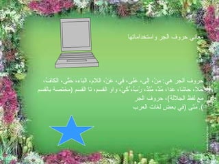 معاني حروف الجر واستخداماتها حروف الجر  حروف الجر هي :  مِنْ، إلى، عَلى، في، عَنْ، اللام، الباء، حَتَّى، الكافُ، خَلاَ، حَاشَا، عَدا، مُذْ، مُنْذُ، رُبَّ، ُكَيْ، واو القسم، تا القسم  ( مختصة بالقسم مع لفظ الجلالة ) ، َمَتَى  ( في بعض لغات العرب ). احرف الجر دخول معاني حروف الجر واستخداماتها حروف الجر هي :  مِنْ، إلى، عَلى، في، عَنْ، اللام، الباء، حَتَّى، الكافُ، خَلاَ، حَاشَا، عَدا، مُذْ، مُنْذُ، رُبَّ، ُكَيْ، واو القسم، تا القسم  ( مختصة بالقسم مع لفظ الجلالة ) ، حروف الجر  َمَتَى  ( في بعض لغات العرب ). 