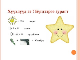 Хүүхдүүд ээ ! Бүгдээрээ зурагт тааврыг таацгаая  + С = Цэ +  .  =  + лан   =  + = нарс цэцэг дугуйлан Самбуу 