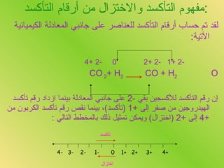 مفهوم التأكسد والاختزال من أرقام التأكسد  : لقد تم حساب أرقام التأكسد للعناصر على جانبي المعادلة الكيميائية الآتية : -2   +1  -2   +2  0  -2   +4 CO 2  + H 2   CO + H 2 O  إن رقم التأكسد للأكسجين بقي  -2  على جانبي المعادلة بينما ازداد رقم تأكسد الهيدروجين من صفر إلى  +1 ( تأكسد ) ، بينما نقص رقم تأكسد الكربون من  +4  إلى  +2 ( اختزال )  ويمكن تمثيل ذلك بالمخطط التالي  : +4  +3  +2  +1  0  -1  -2  -3  -4 تأكسد اختزال 