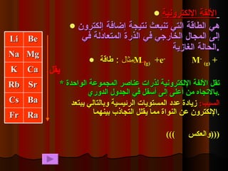 الألفة الإلكترونية   هي الطاقة التي تنبعث نتيجة إضافة إلكترون إلى المجال الخارجي في الذرة المتعادلة في الحالة الغازية  . مثال  :  طاقة  M  (g)   +e -   M -   (g)  +   *  تقل الألفة الإلكترونية لذرات عناصر المجموعة الواحدة بالاتجاه من أعلى إلى أسفل في الجدول الدوري . السبب :   زيادة عدد المستويات الرئيسية وبالتالي يبتعد الإلكترون عن النواة مما يقلل التجاذب بينهما . (((  والعكس  ))) يقل Be Li Mg Na Ca K Sr Rb Ba Cs Ra Fr 