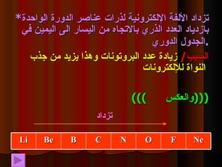 * تزداد الألفة الإلكترونية لذرات عناصر الدورة الواحدة بازدياد العدد الذري بالاتجاه من اليسار الى اليمين في الجدول الدوري  . السبب /   زيادة عدد البروتونات وهذا يزيد من جذب النواة للإلكترونات   (((  والعكس  ))) تزداد Ne F O N C B Be Li 