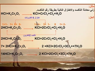 مثال : زني معادلة التأكسد والاختزال التالية بطريقة رقم التأكسد . HCl+K 2 Cr 2 O 7   KCl+CrCl 3 +Cl 2 +H 2 O الحل :   اختزال  6  الكترونات -2 +1  0  -1  +3  -1 +1  -2  +6  +1  -1+1 2HCl+K 2 Cr 2 O 7   KCl+2CrCl 3 +Cl 2 +H 2 O تأكسد  2 الكترون 2HCl+K 2 Cr 2 O 7   KCl+2CrCl 3 +Cl 2 +H 2 O 7 ×   2 HCl+K 2 Cr 2 O 7   2   × KCl+2CrCl 3 + 3 Cl 2 + × 7 H 2 O 14HCl+K 2 Cr 2 O 7   2  KCl+2CrCl 3 + 3 Cl 2 + 7 H 2 O 