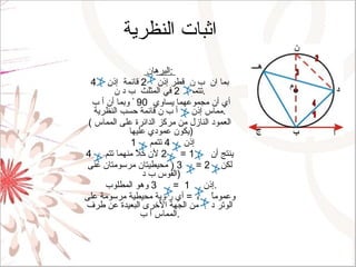 اثبات النظرية  البرهان  :  بما ان  ب ن  قطر إذن   2  قائمة  إذن   4  تتمم     2  في المثلث  ب د ن .   أي أن مجموعهما يساوي   90  ْ وبما أن أ ب مماس إذن    أ ب ن قائمة حسب النظرية . (  العمود النازل من مركز الدائرة على المماس يكون عمودي عليها  ) إذن     4  تتمم     1   ينتج أن      1 =     2  لأن كلاً منهما تتم     4 لكن     2 =     3 (  محيطيتان مرسومتان على القوس ب د  ) إذن   1  =      3  وهو المطلوب  . وعموماً   1 =  أي زاوية محيطية مرسومة على الوتر د ب من الجهة الأخرى البعيدة عن طرف المماس أ ب . 1 2 3 4 