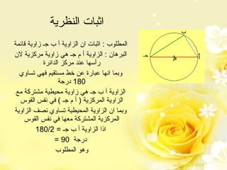 اثبات النظرية  المطلوب  :  اثبات ان الزاوية أ ب جـ زاوية قائمة  البرهان  :  الزاوية أ م جـ هي زاوية مركزية لان رأسها عند مركز الدائرة  وبما انها عبارة عن خط مستقيم فهي تساوي  180  درجة  الزاوية أ ب جـ هي زاوية محيطية مشتركة مع الزاوية المركزية  (  أ م جـ  )  في نفس القوس  وبما ان الزاوية المحيطية تساوي نصف الزاوية المركزية المشتركة معها في نفس القوس  اذا الزاوية أ ب جـ  = 180/2 = 90  درجة  وهو المطلوب  