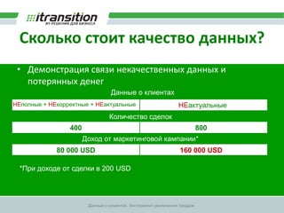 Успех Целевого МаркетингаВЗАИМОДЕЙСТВИЕС КЛИЕНТОМФОРМИРОВАНИЕПРЕДЛОЖЕНИЯ60% Успеха зависит от качестваклиентских данныхСЕГМЕНТАЦИЯКЛИЕНТОВ60% ДАННЫЕ О КЛИЕНТАХ