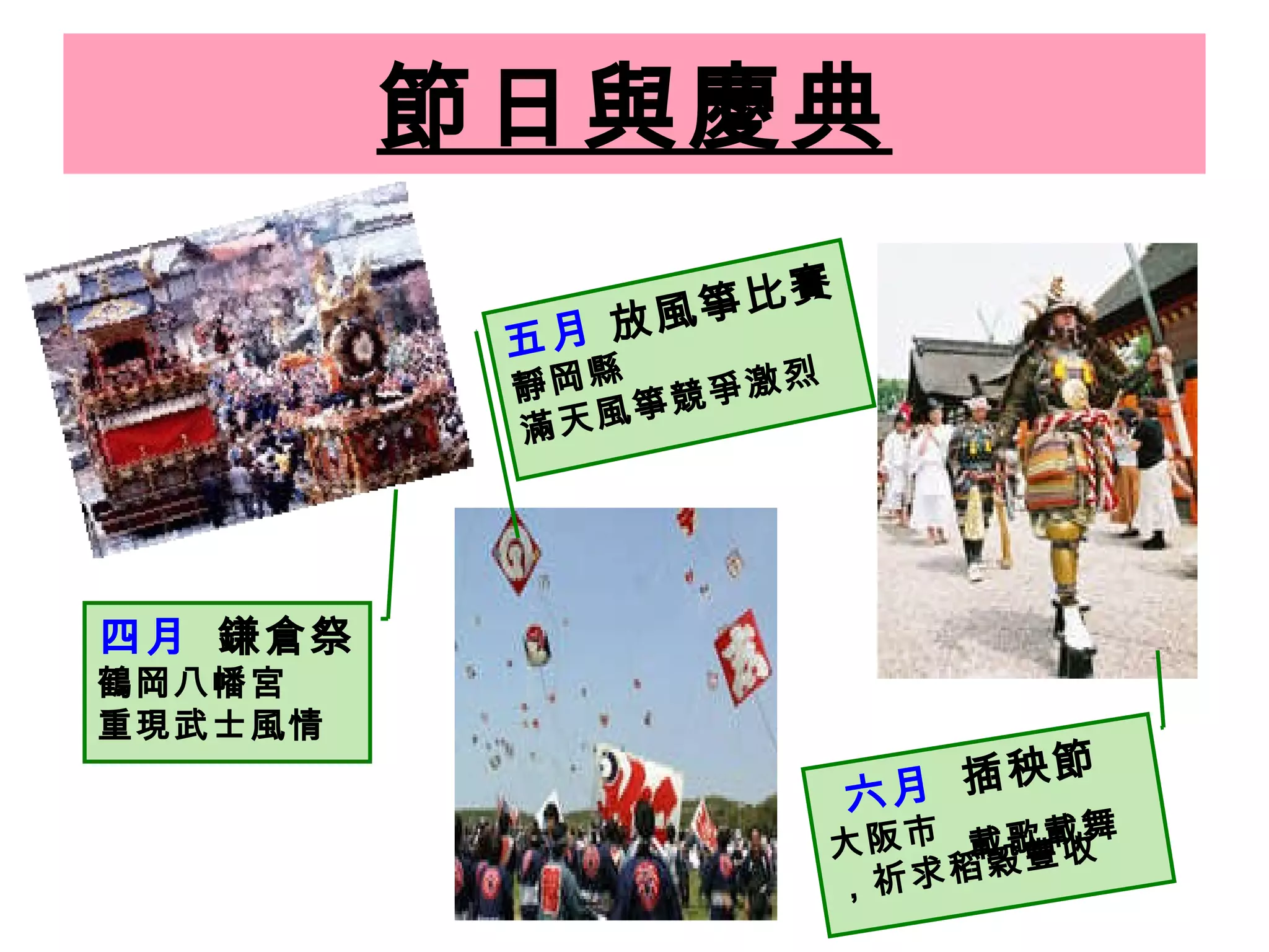 節日與慶典 四月  鎌倉祭 鶴岡八幡宮 重現武士風情 五月  放風箏比賽 靜岡縣 滿天風箏競爭激烈 六月  插秧節   大阪市  載歌載舞，祈求稻穀豐收 