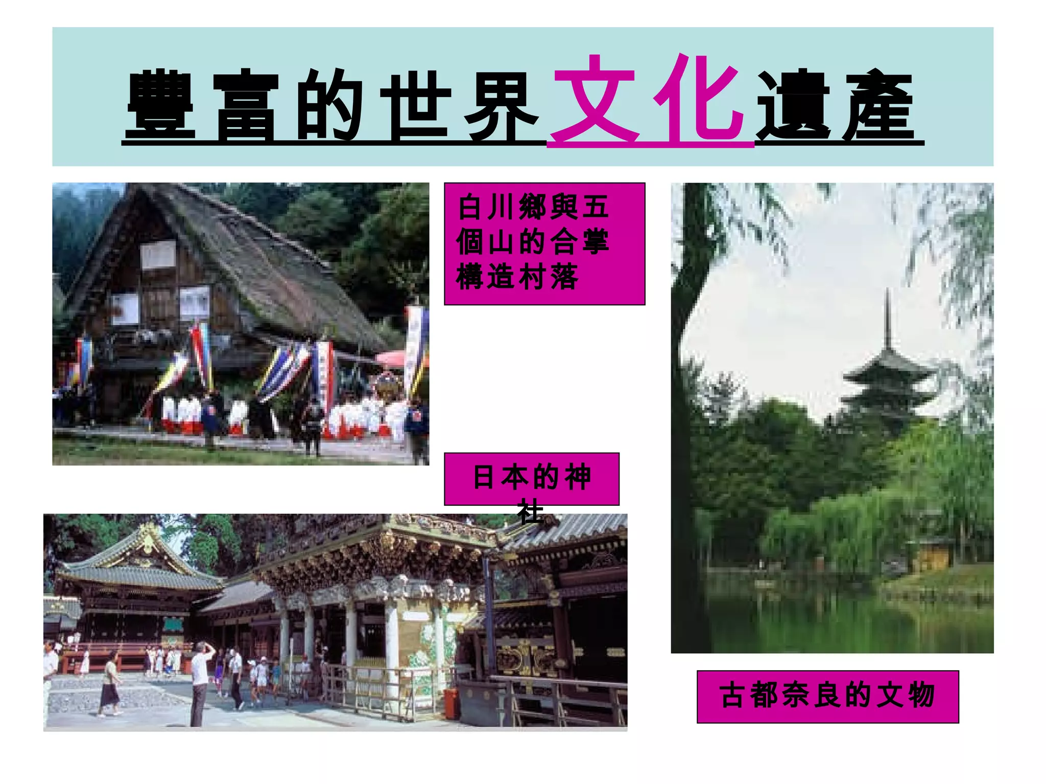 豐富的世界 文化 遺產 白川鄉與五個山的合掌構造村落 日本的神社 古都奈良的文物 