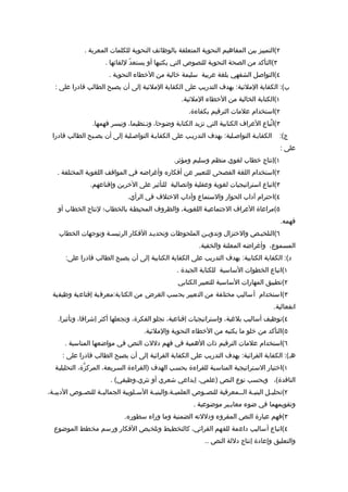 ‫٢(التمييز بين المفاهيم النحوية المتعلقة بالوظائف النحوية للكلمات المعربة .‬
                       ‫٣(التأكد من الصحة النحوية للنصوص التي يكتبها أو يستعدّ للقائها .‬
                         ‫٤(التواصل الشفهي بلغة عربية سليمة خالية من الخطاء النحوية .‬
   ‫ب(: الكفاية الملئية: يهدف التدريب على الكفاية الملئية إلى أن يصبح الطالب قادرا على :‬
                                                       ‫١(الكتابة الخالية من الخطاء الملئية.‬
                                                          ‫٢(استخدام علمات الترقيم بكفاءة.‬
                  ‫٣(اتّباع العراف الكتابية التي تزيد الكتابة وضوحا، وتـنظيما، وتيسر فهمها.‬
 ‫الكفايـة التواصـلية: يهدف التدريـب على الكفايـة التواصـلية إلى أن يصـبح الطالب قادرا‬           ‫ج(:‬
                                                                                                ‫على :‬
                                                    ‫١(إنتاج خطاب لغوي منظم وسليم ومؤثر.‬
   ‫٢(استخدام اللغة الفصحى للتعبير عن أفكاره وأغراضه في المواقف اللغوية المختلفة .‬
                 ‫٣(اتباع استراتيجيات لغوية وعقلية واتصالية للتأثير على الخرين وإقناعهم.‬
                                 ‫٤(احترام آداب الحوار والستماع وآداب الختلف في الرأي.‬
    ‫٥(مراعاة العراف الجتماعيـة اللغويـة، والظروف المحيطـة بالخطاب؛ لنتاج الخطاب أو‬
                                                                                                ‫فهمه.‬
    ‫٦(التلخيـص والختزال وتدويـن الملحوظات وتحديـد الفكار الرئيسـة وتوجهات الخطاب‬
                                                               ‫المسموع، وأغراضه المعلنة والخفية.‬
       ‫د(: الكفاية الكتابية: يهدف التدريب على الكفاية الكتابية إلى أن يصبح الطالب قادرا على:‬
                                                     ‫١(اتباع الخطوات الساسية للكتابة الجيدة .‬
                                                      ‫٢(تطبيق المهارات الساسية للتعبير الكتابي‬
  ‫٣(استخدام أساليب مختلفة من التعبير بحسب الغرض من الكتابة:معرفية إقناعية وظيفية‬
                                                                                              ‫انفعالية.‬
    ‫٤(توظيف أساليب بلغية، واستراتيجيات إقناعية، تجلو الفكرة، وتجعلها أكثر إشراقا، وتأثيرا.‬
                                        ‫٥(التأكد من خلو ما يكتبه من الخطاء النحوية والملئية.‬
       ‫٦(استخدام علمات الترقيم ذات الهمية في فهم دللت النص في مواضعها المناسبة .‬
      ‫هـ(: الكفاية القرائية: يهدف التدريب على الكفاية القرائية إلى أن يصبح الطالب قادرا على :‬
   ‫١(اختيار السـتراتيجية المناسـبة للقراءة بحسـب الهدف )القراءة السـريعة، المركزّة، التحليليـة‬
                          ‫الناقدة(، وبحسب نوع النص )علمي، إبداعي شعري أو نثري،وظيفي( .‬
‫٢(تحلي ـل البني ـة الـ ـمعرفية للنص ـوص العلمي ـة،والبني ـة الس ـلوبية الجمالي ـة للنص ـوص الدبي ـة،‬
  ‫ـ‬         ‫ـ‬       ‫ـ‬              ‫ـ‬      ‫ـ‬         ‫ـ‬          ‫ـ‬            ‫ـ‬      ‫ـ‬        ‫ـ‬
                                                            ‫وتقويمهما في ضوء معايـير موضوعية .‬
                               ‫٣(فهم عبارة النص المقروء ودللته الضمنية وما وراء سطوره.‬
  ‫٤(اتباع أساليب داعمة للفهم القرائي، كالتخطيط وتلخيص الفكار ورسم مخطط الموضوع‬
                                                                 ‫والتعليق وإعادة إنتاج دللة النص ..‬
 