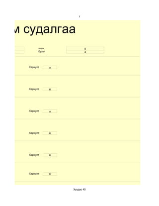 1




хим судалгаа
  26            анги                5
Эмэгтэй         бүлэг               а




          Хариулт       а




          Хариулт       б




          Хариулт       а




          Хариулт       б




          Хариулт       б




          Хариулт       б




                            Хуудас 45
 