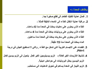اكمال عملية تفكيك الطعام الى قطع صغيرة جدا . مراقبة عملية انتقال الغذاء الى الامعاء الدقيقة فمثلا  : الغذاء الذي يحتوي على دهنيات يمكث في المعدة مدة  6  ساعات . الغذاء الذي يحتوي على بروتينات يمكث في المعدة مدة  4  ساعات . الغذاء الذي يحتوي على سكريات يمكث في المعدة مدة ساعتين . الماء يمكث في المعدة مدة  15  دقيقة .  3.  القضاء على الاجسام الغريبة التي تدخل مع الغذاء  ,  والتي لا تستطيع العيش في درجة  PH=1 . 4.  تنشيط الانزيمات الغير فعالة :-  انزيم ببسينوجين الغير فعال  يتحول الى انزيم ببسين فعال  انزيم الببسين يحلل البروتينات الى حوامض امينية . 5.  انزيم الليباز في المعدة يساهم في تحويل الدهنيات الى مستحلب . وظائف المعدة  :- 