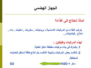الجهاز الهضمي لماذا نحتاج الى غذاء؟ يتركب الغذاء من المركبات الاساسية :-  بروتينات  ,  سكريات  ,  دهنيات  ,  ماء  ,  املاح  ,  فيتامينات ... لهذه المركبات وظيفتين  : 1.  يشترك في بناء مركبات مختلفة داخل الخلية . 2.  تتأكسد بعض المركبات ونتيجة التأكسد يتم انتاج طاقة تستغل للعمليات  المختلفة . سكر  +  O2   ATP  +  CO2 + H2O 