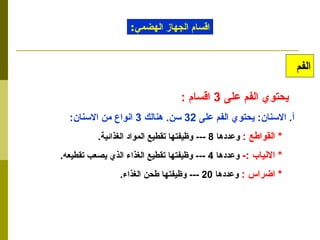 يحتوي الفم على  3  اقسام  : أ .  الاسنان :  يحتوي الفم على  32  سن .  هنالك  3  انواع من الاسنان : *  القواطع  :   وعددها  8 ---  وظيفتها تقطيع المواد الغذائية . *  الانياب  :-   وعددها  4 ---  وظيفتها تقطيع الغذاء الذي يصعب تقطيعه . *  اضراس  :   وعددها  20 ---  وظيفتها طحن الغذاء . اقسام الجهاز الهضمي : الفم 