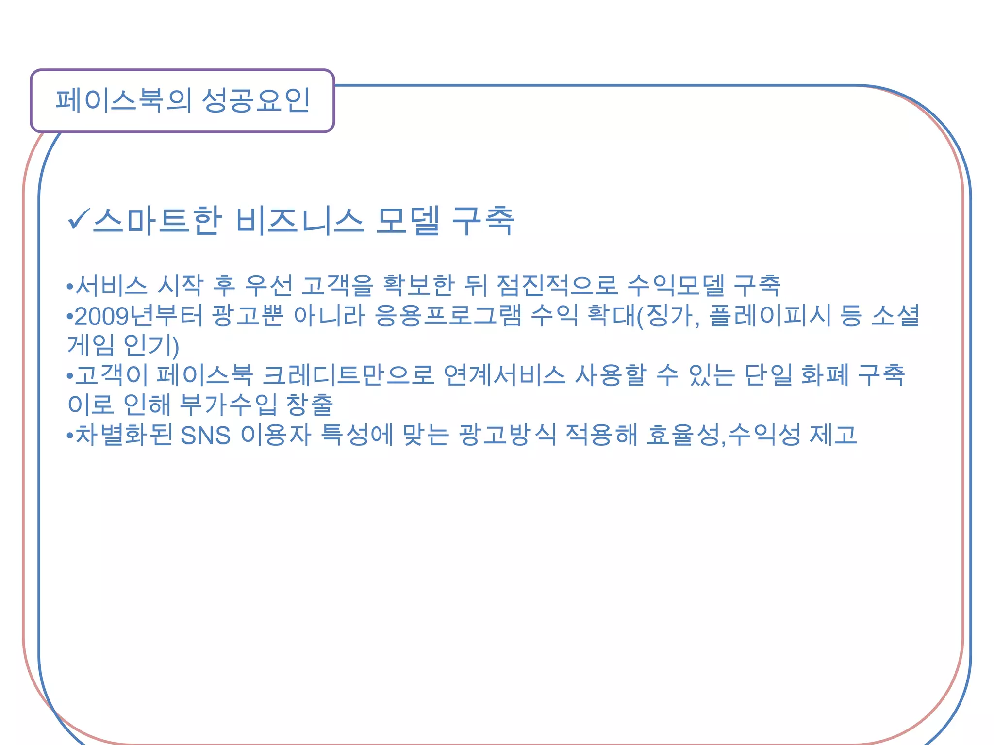  온라인상에서 누구나 원하는 상대를 친구로 만들 수 있고 서로의 소식과 정보를 교환할 수 있게 한 것이 페이스북의 성공 요인